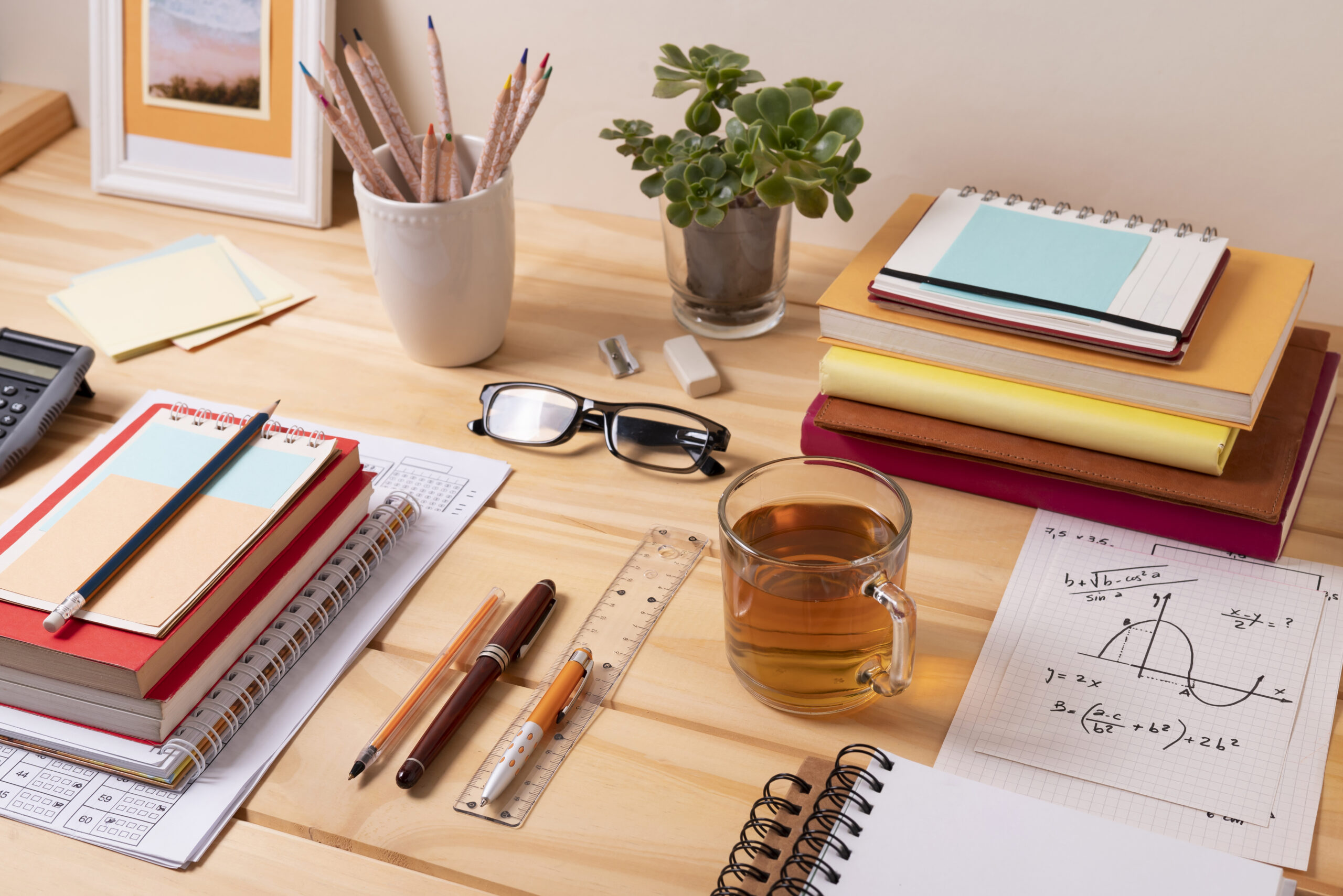 Mesa de estudos organizada com cadernos, livros empilhados, papéis com fórmulas matemáticas, lápis de cor em um copo, óculos, calculadora, canetas, régua, um copo de chá e uma planta suculenta em vaso de vidro.