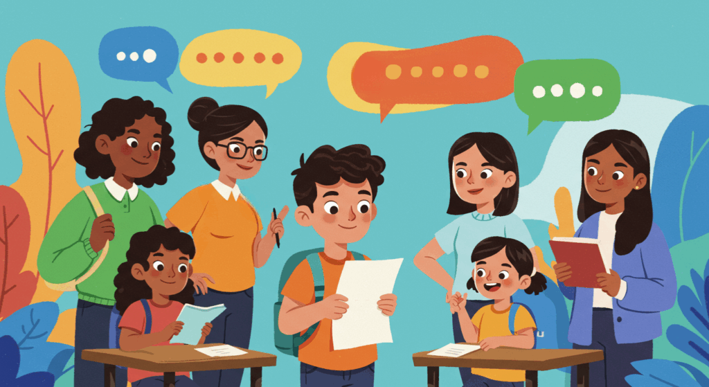 Grupo de crianças e professores em ambiente escolar, interagindo com papéis e livros, com balões de fala coloridos ao fundo.