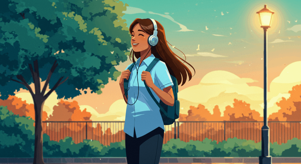 Ilustração de uma jovem sorridente com fones de ouvido e mochila, caminhando ao ar livre ao entardecer, com árvores e um poste de luz ao fundo.