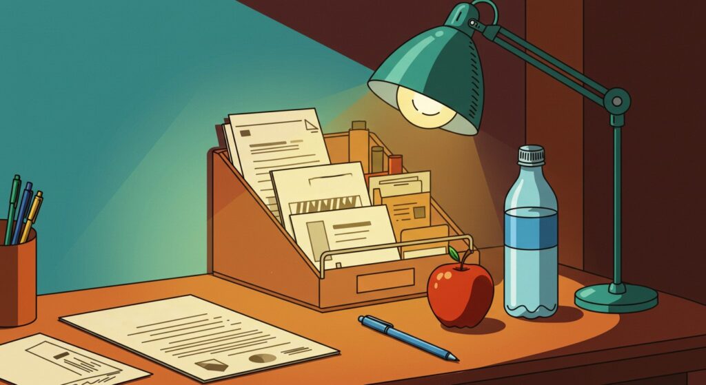 Ilustração de uma mesa de estudo com luminária acesa, garrafa de água, maçã, canetas, documentos organizados em um suporte e um formulário