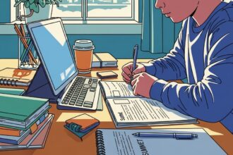 Ilustração de um estudante escrevendo em um caderno diante de um tablet com teclado, cercado por livros, cadernos e uma xícara de café, em um ambiente iluminado por luz natural.