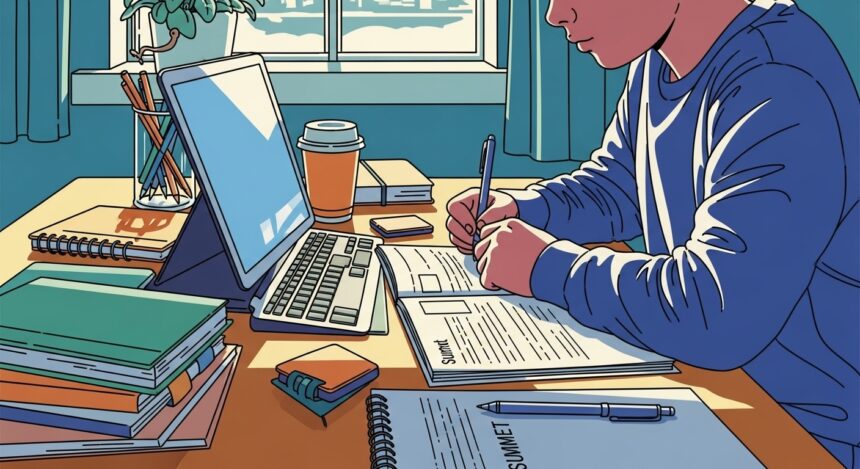 Ilustração de um estudante escrevendo em um caderno diante de um tablet com teclado, cercado por livros, cadernos e uma xícara de café, em um ambiente iluminado por luz natural.