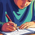 Ilustração de um estudante escrevendo à mão em um caderno, com foco nas mãos e no texto sendo produzido.