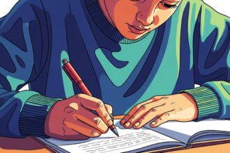 Ilustração de um estudante escrevendo à mão em um caderno, com foco nas mãos e no texto sendo produzido.