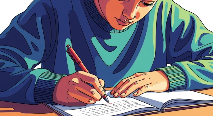 Ilustração de um estudante escrevendo à mão em um caderno, com foco nas mãos e no texto sendo produzido.
