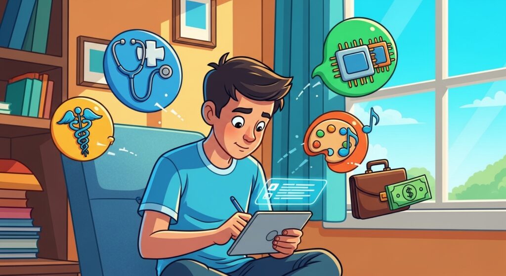 Estudante utilizando tablet, refletindo sobre diferentes carreiras representadas por ícones de saúde, tecnologia, arte, música e finanças.