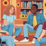 Grupo diverso de jovens conversando em um ambiente acolhedor com estantes de livros e girassóis ao fundo, incluindo uma garota em cadeira de rodas.