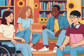 Grupo diverso de jovens conversando em um ambiente acolhedor com estantes de livros e girassóis ao fundo, incluindo uma garota em cadeira de rodas.
