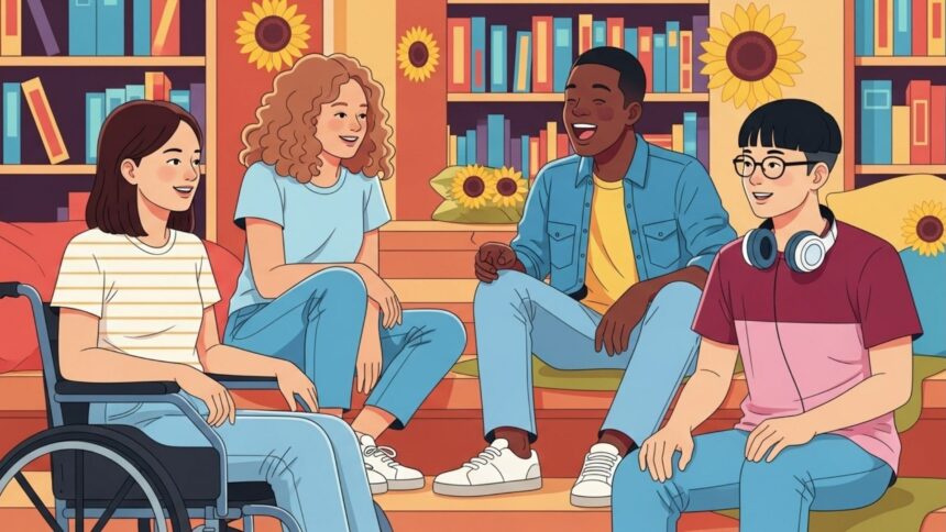 Grupo diverso de jovens conversando em um ambiente acolhedor com estantes de livros e girassóis ao fundo, incluindo uma garota em cadeira de rodas.