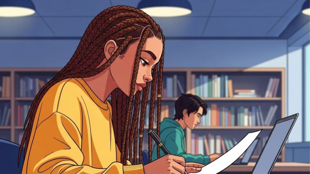 Jovem com tranças estudando concentrada em uma biblioteca, segurando papel e caneta, com um colega ao fundo usando laptop.