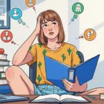 Jovem cercada por pilhas de livros e laptop, com expressão de dúvida enquanto pensa sobre diferentes profissões ilustradas em ícones ao redor.
