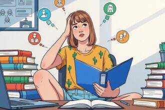 Jovem cercada por pilhas de livros e laptop, com expressão de dúvida enquanto pensa sobre diferentes profissões ilustradas em ícones ao redor.