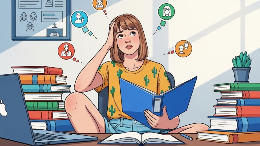 Jovem cercada por pilhas de livros e laptop, com expressão de dúvida enquanto pensa sobre diferentes profissões ilustradas em ícones ao redor.