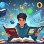 Jovem estudando rodeado por livros, gráficos, fórmulas e ícones de diversas áreas do conhecimento, representando aprendizado multidisciplinar.
