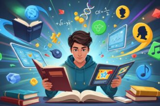 Jovem estudando rodeado por livros, gráficos, fórmulas e ícones de diversas áreas do conhecimento, representando aprendizado multidisciplinar.