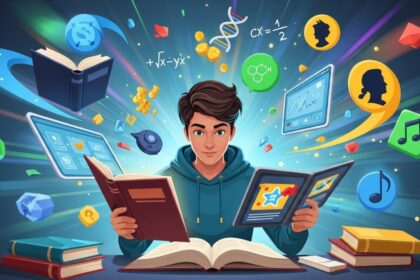 Jovem estudando rodeado por livros, gráficos, fórmulas e ícones de diversas áreas do conhecimento, representando aprendizado multidisciplinar.