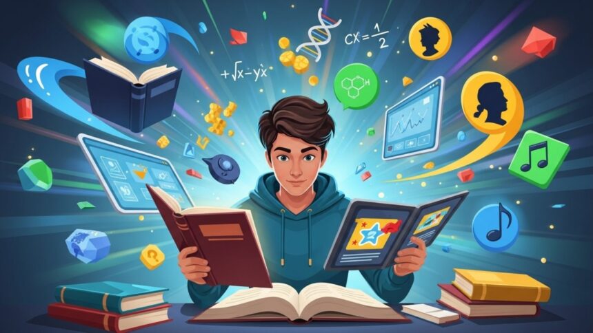 Jovem estudando rodeado por livros, gráficos, fórmulas e ícones de diversas áreas do conhecimento, representando aprendizado multidisciplinar.