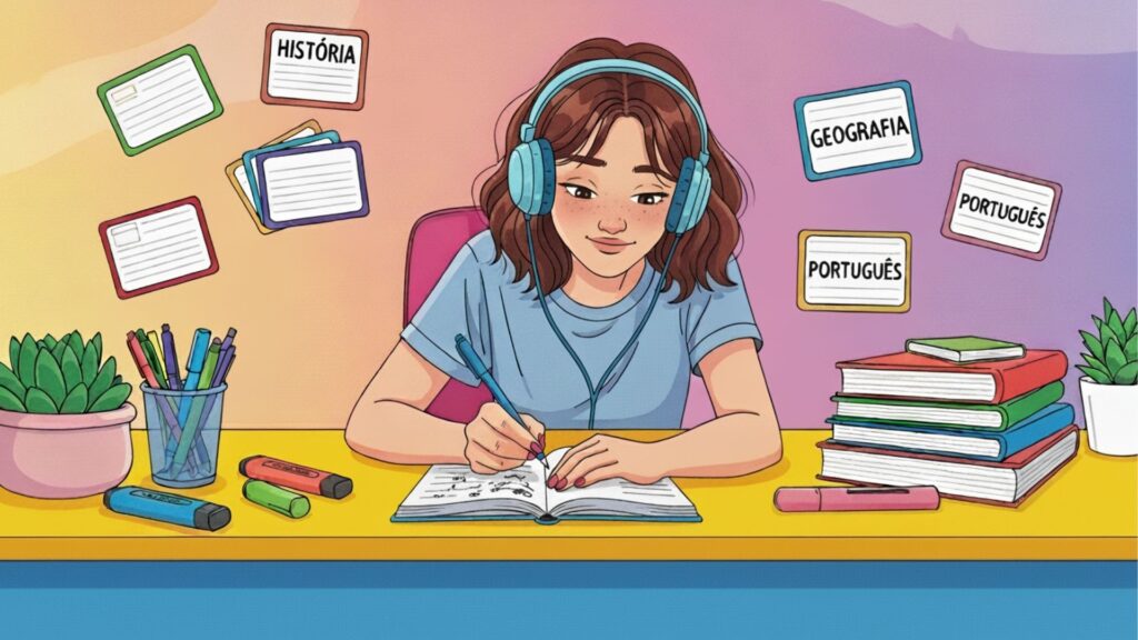 Garota com fones de ouvido estudando em uma mesa organizada, com cartões de revisão nas paredes de matérias como História, Geografia e Português.