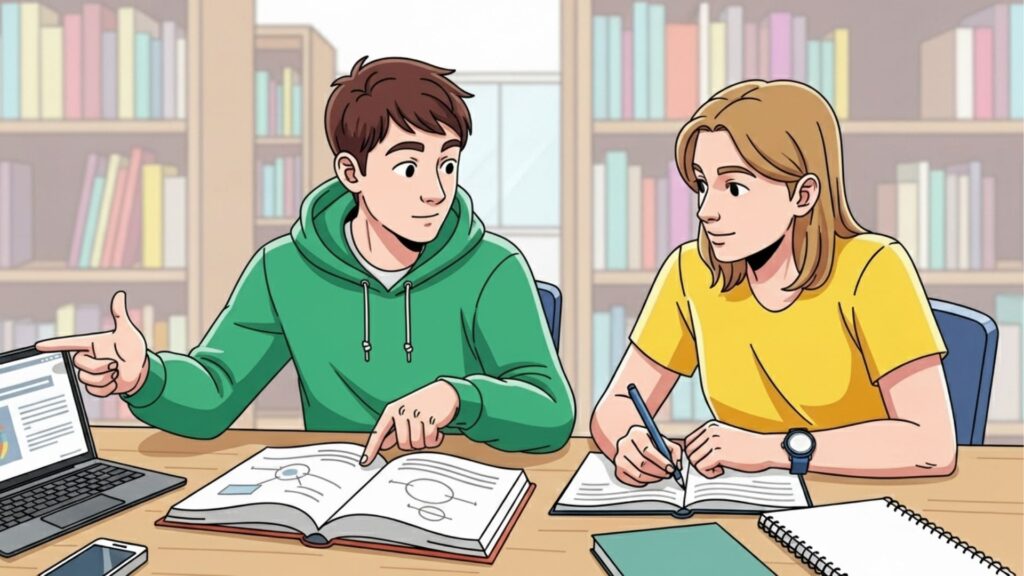 Dois estudantes estudando juntos em uma biblioteca, discutindo conteúdos com livros e laptop sobre a mesa.