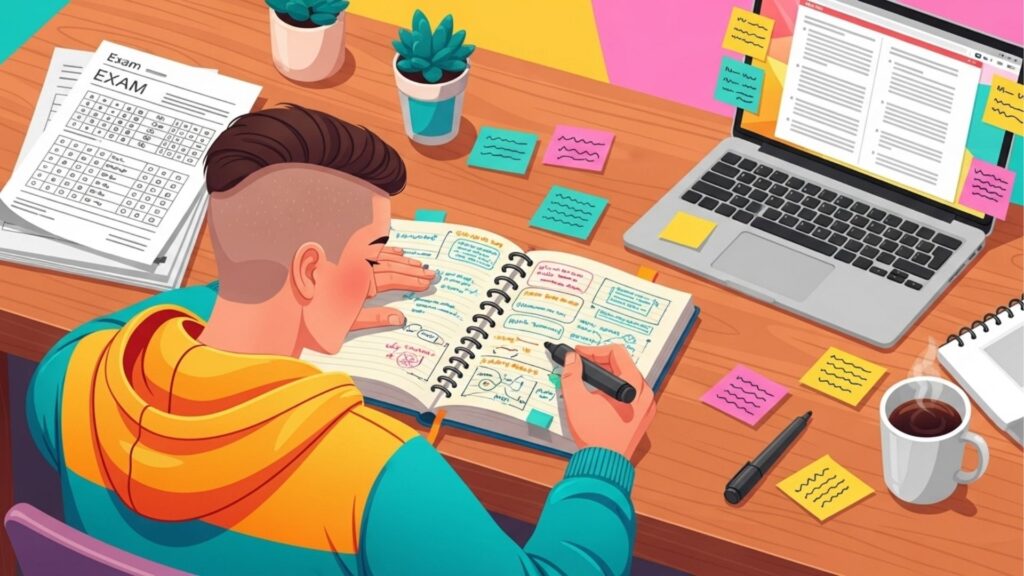 Estudante fazendo anotações em caderno com post-its coloridos, laptop aberto, prova impressa e uma xícara de café sobre a mesa.