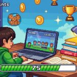 Ilustração em pixel art de um garoto estudando em frente ao notebook, com elementos de jogos como moedas, troféus e barra de progresso ao redor.