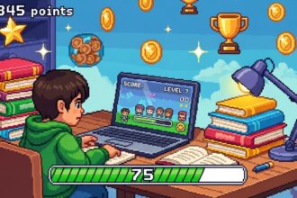 Ilustração em pixel art de um garoto estudando em frente ao notebook, com elementos de jogos como moedas, troféus e barra de progresso ao redor.