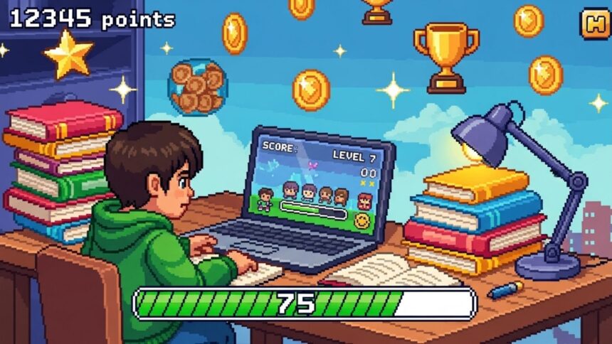 Ilustração em pixel art de um garoto estudando em frente ao notebook, com elementos de jogos como moedas, troféus e barra de progresso ao redor.