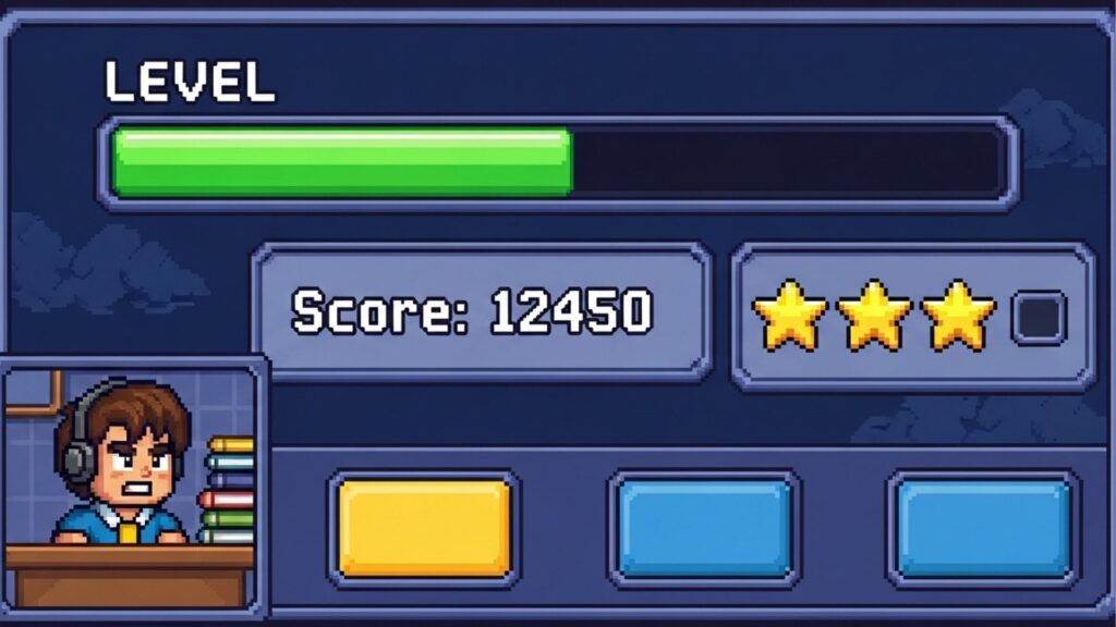 Tela de jogo em pixel art mostrando pontuação 12450, barra de nível verde e três estrelas de avaliação.