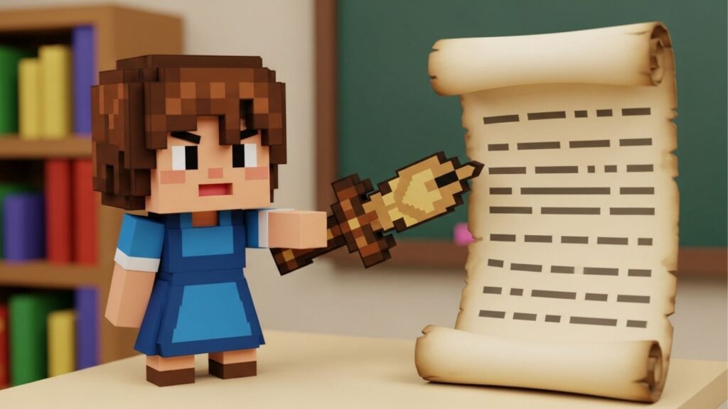 Personagem estilo voxel segurando uma espada dourada e apontando para um pergaminho diante de um quadro negro.