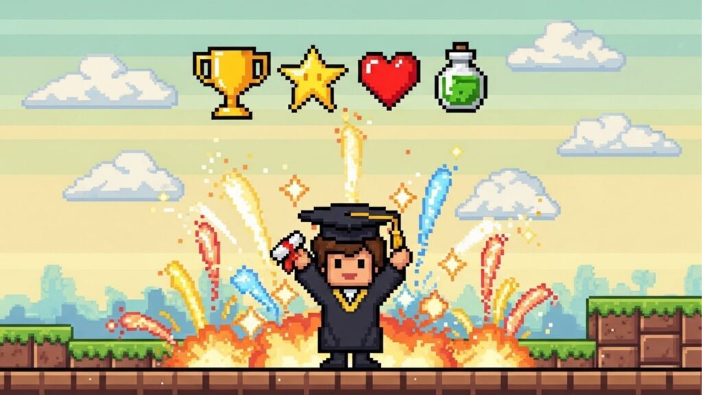 Cena de formatura em pixel art com personagem segurando diploma e efeitos de explosão ao fundo, acompanhada de ícones de conquista.