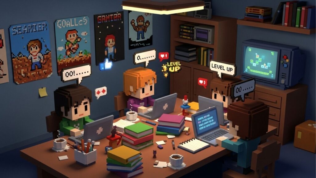 Sala com quatro personagens voxel usando notebooks, livros e café sobre a mesa, com ícones de "level up" e pôsteres de jogos na parede.