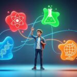 Estudante com mochila interagindo com ícones coloridos de ciência, como átomo, DNA, tubo de ensaio e globo terrestre, em fundo escuro com efeitos luminosos.