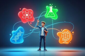 Estudante com mochila interagindo com ícones coloridos de ciência, como átomo, DNA, tubo de ensaio e globo terrestre, em fundo escuro com efeitos luminosos.