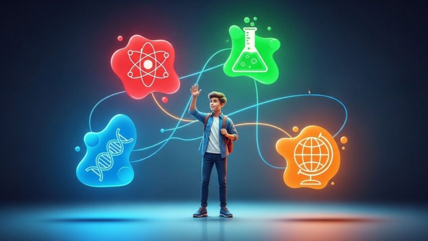 Estudante com mochila interagindo com ícones coloridos de ciência, como átomo, DNA, tubo de ensaio e globo terrestre, em fundo escuro com efeitos luminosos.