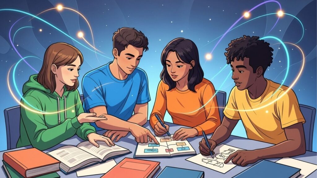 Quatro jovens estudando juntos em uma mesa, analisando livros e gráficos, com elementos visuais conectando ideias ao redor, simbolizando colaboração e criatividade.