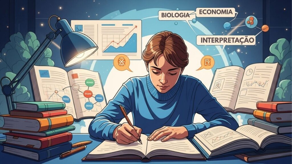 Jovem concentrado estudando em uma mesa iluminada, cercado por livros e gráficos de várias disciplinas como biologia, economia e interpretação de textos.