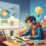 Alt text disse: Ilustração de um jovem estudando com fones de ouvido, cercado por livros, laptop e anotações, com um quadro de mapa mental na parede e lâmpadas representando ideias ao fundo.
