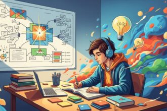 Alt text disse: Ilustração de um jovem estudando com fones de ouvido, cercado por livros, laptop e anotações, com um quadro de mapa mental na parede e lâmpadas representando ideias ao fundo.