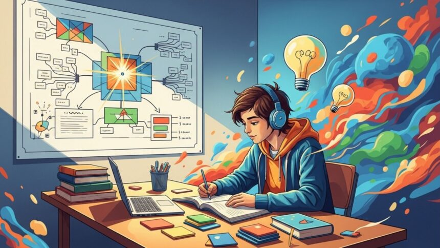Alt text disse: Ilustração de um jovem estudando com fones de ouvido, cercado por livros, laptop e anotações, com um quadro de mapa mental na parede e lâmpadas representando ideias ao fundo.