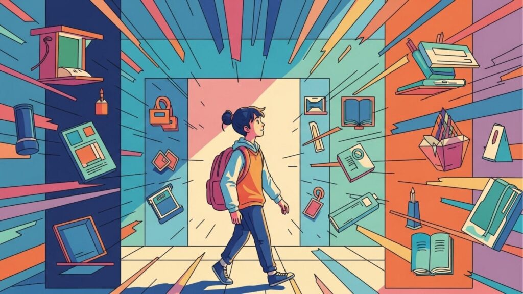 Estudante caminhando por um corredor estilizado com objetos escolares flutuantes ao redor, como livros, cadernos, lápis e tecnologia.