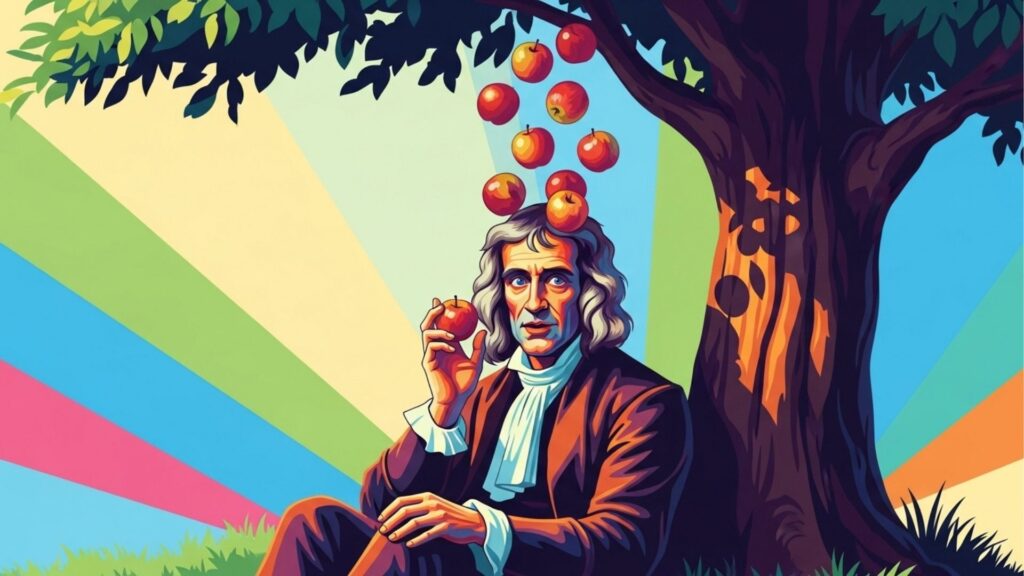 Representação artística de Isaac Newton sentado sob uma árvore, segurando uma maçã enquanto outras flutuam acima de sua cabeça, com fundo colorido em raios.