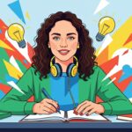 Jovem escreve em caderno com fones no pescoço, rodeada por lâmpadas simbolizando ideias