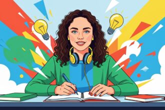 Jovem escreve em caderno com fones no pescoço, rodeada por lâmpadas simbolizando ideias