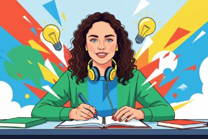 Jovem escreve em caderno com fones no pescoço, rodeada por lâmpadas simbolizando ideias