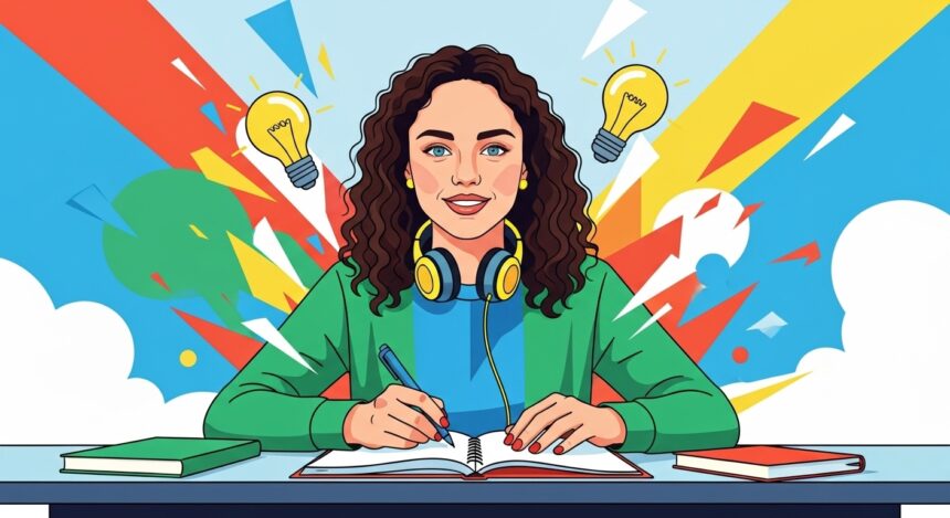 Jovem escreve em caderno com fones no pescoço, rodeada por lâmpadas simbolizando ideias