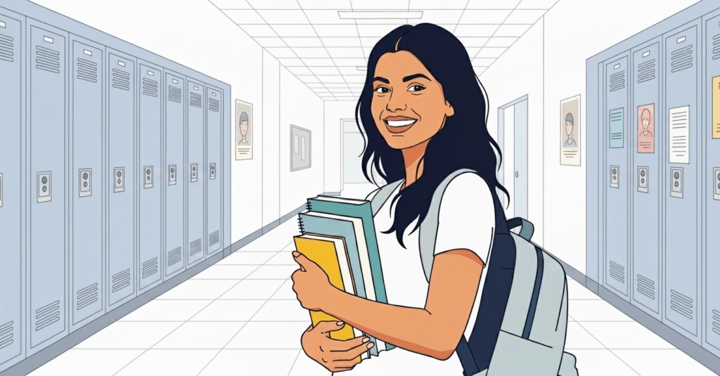 Estudante sorri segurando livros e mochila em corredor com armários escolares.