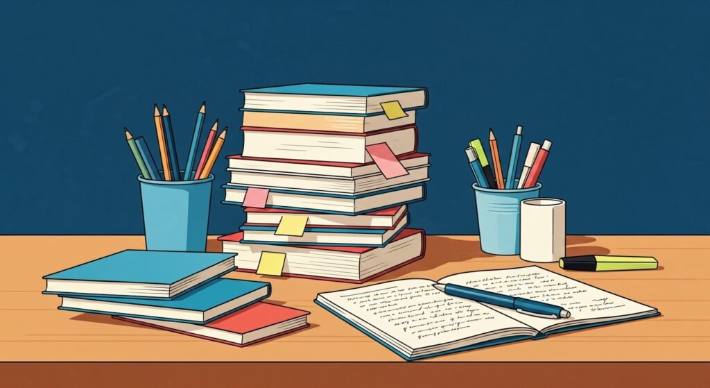 Mesa com pilhas de livros, cadernos abertos, lápis, canetas e marcadores organizados.