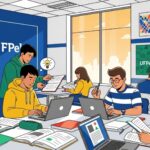 Estudantes estudam juntos em sala da UFPel com livros e notebooks sobre as mesas.