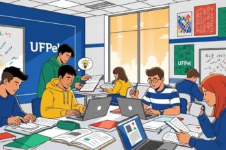 Estudantes estudam juntos em sala da UFPel com livros e notebooks sobre as mesas.