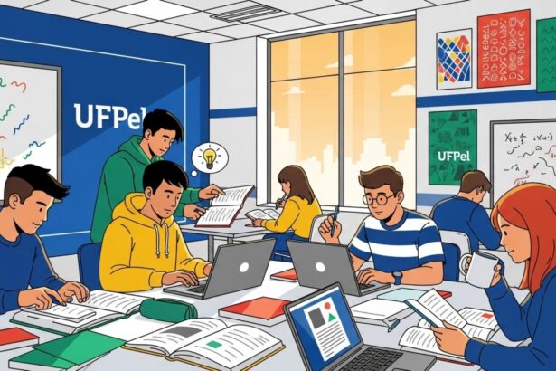 Estudantes estudam juntos em sala da UFPel com livros e notebooks sobre as mesas.